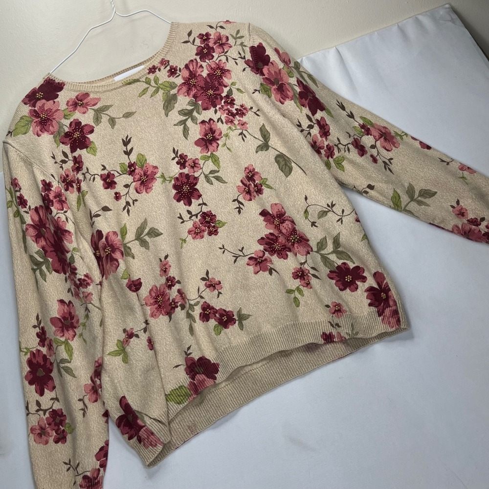 Alfred Dunner Sweater Womens XL Tan Red Floral Beaded Ramie Cotton Knit Pullover - Picture 9 of 9